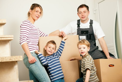 Packed boxes and furniture prepared for storage in South Kensington